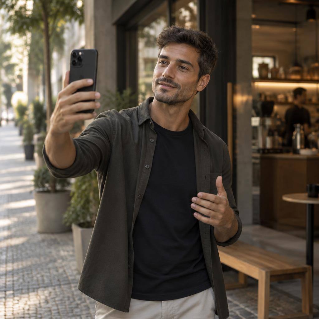 Creator em uma pausa do dia, com o celular em mãos